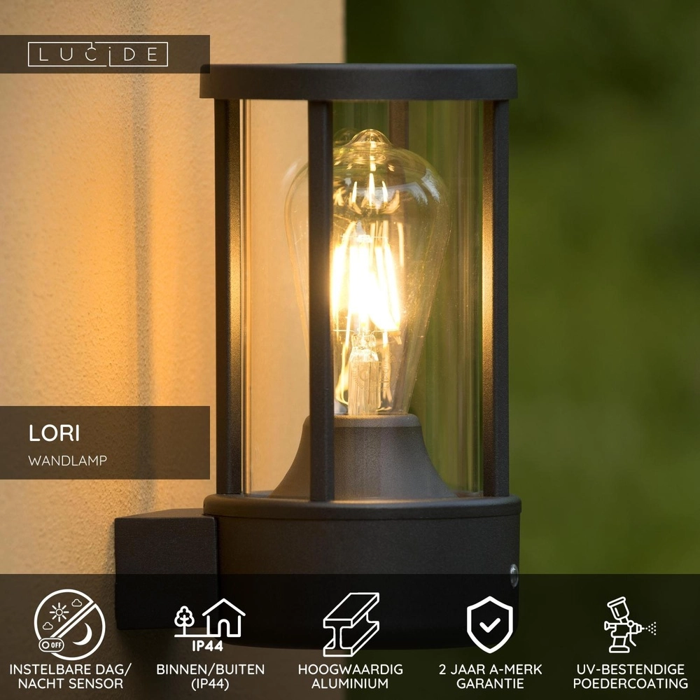 Wandlamp antraciet Lori met sensor Lucide 5411212144300