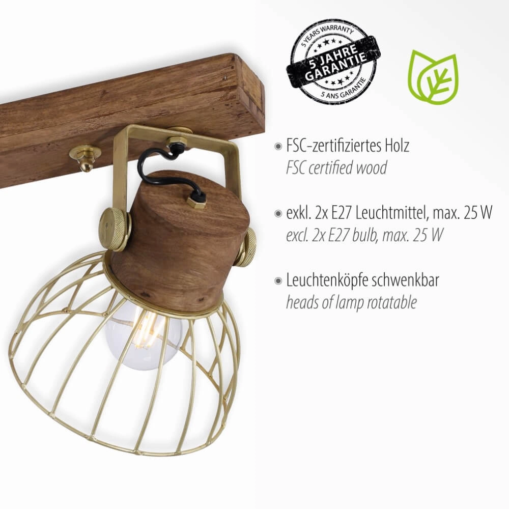 Plafondlamp Alami bruin messing 2-lichts Just Light 4043689976224