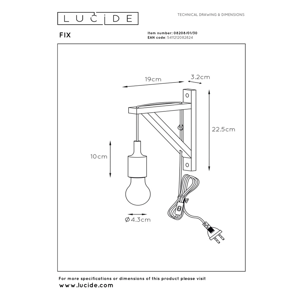 Houten wandlamp Fix met zwart snoer Lucide 5411212082824