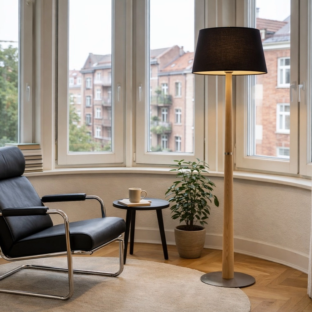 Vloerlamp Timber hout met zwarte kap Brilliant 4004353464904