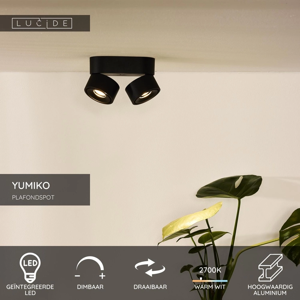 Plafondspot Yumiko dubbel zwart Lucide 5411212351678