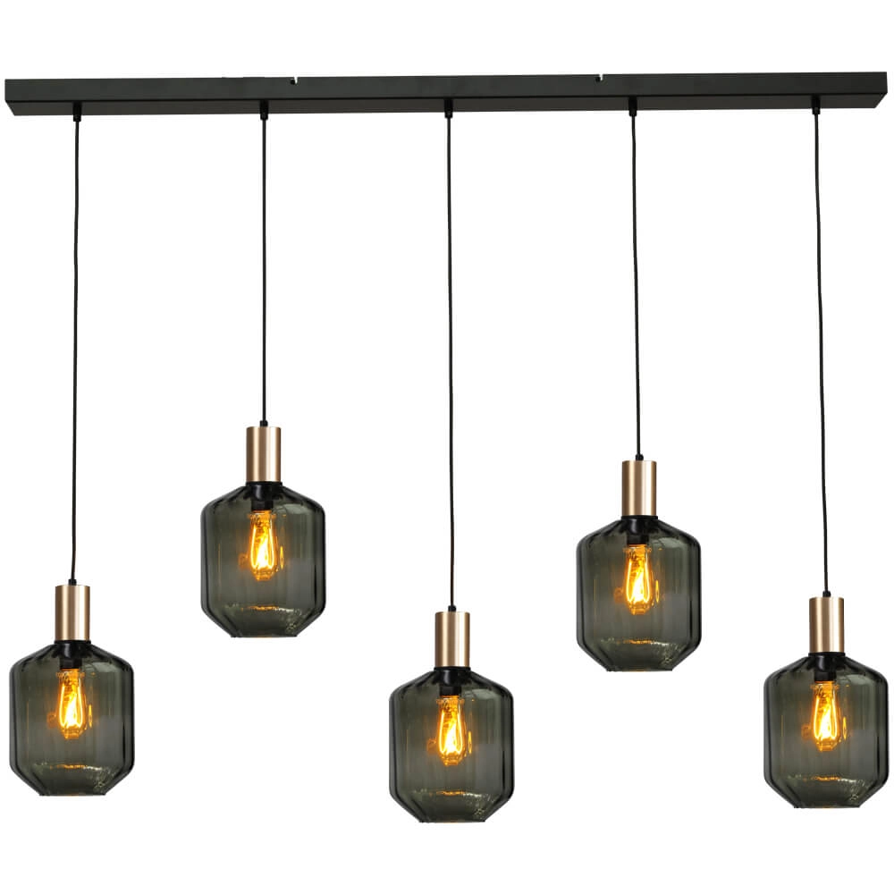 5-lichts hanglamp - goud - Porto met Jagger green glazen