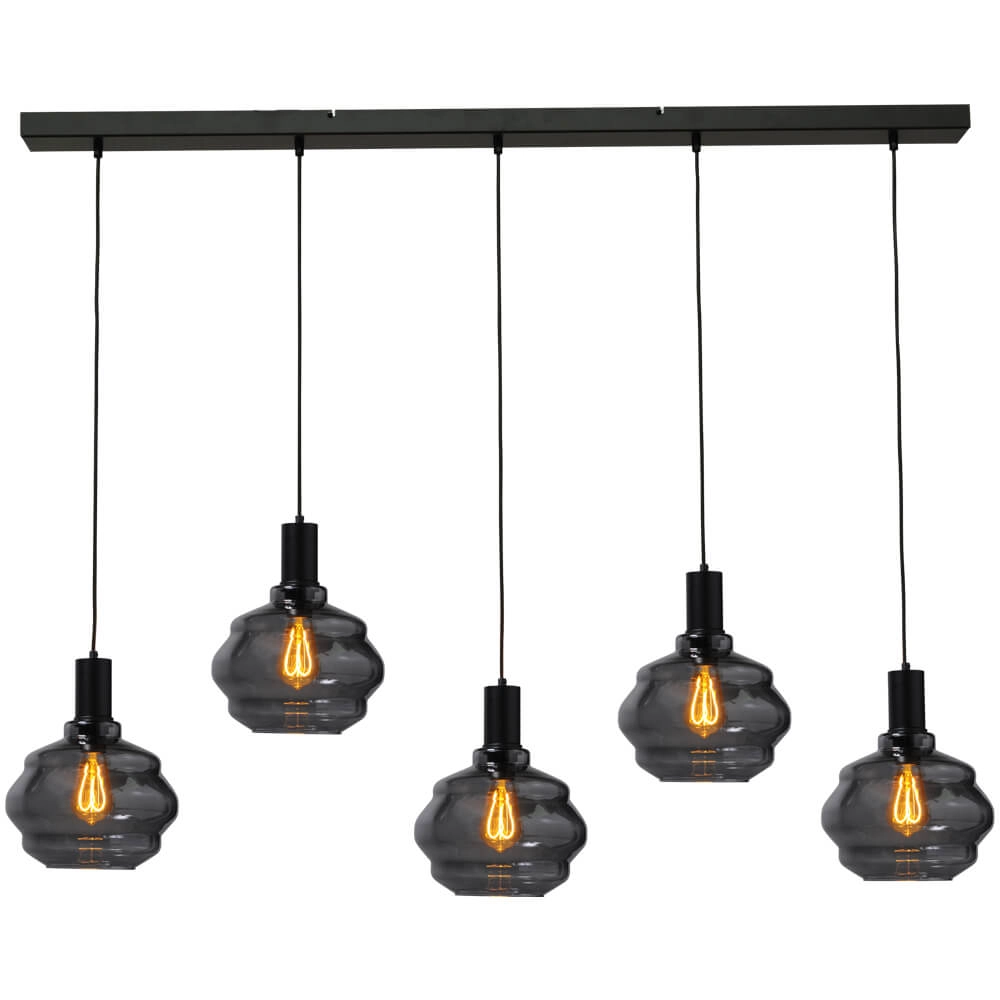 5-lichts hanglamp - zwart - Porto met Ball smoke glazen - Ø 24cm 5-lichts hanglamp - zwart - Porto met Ball smoke glazen - Ø 24cm