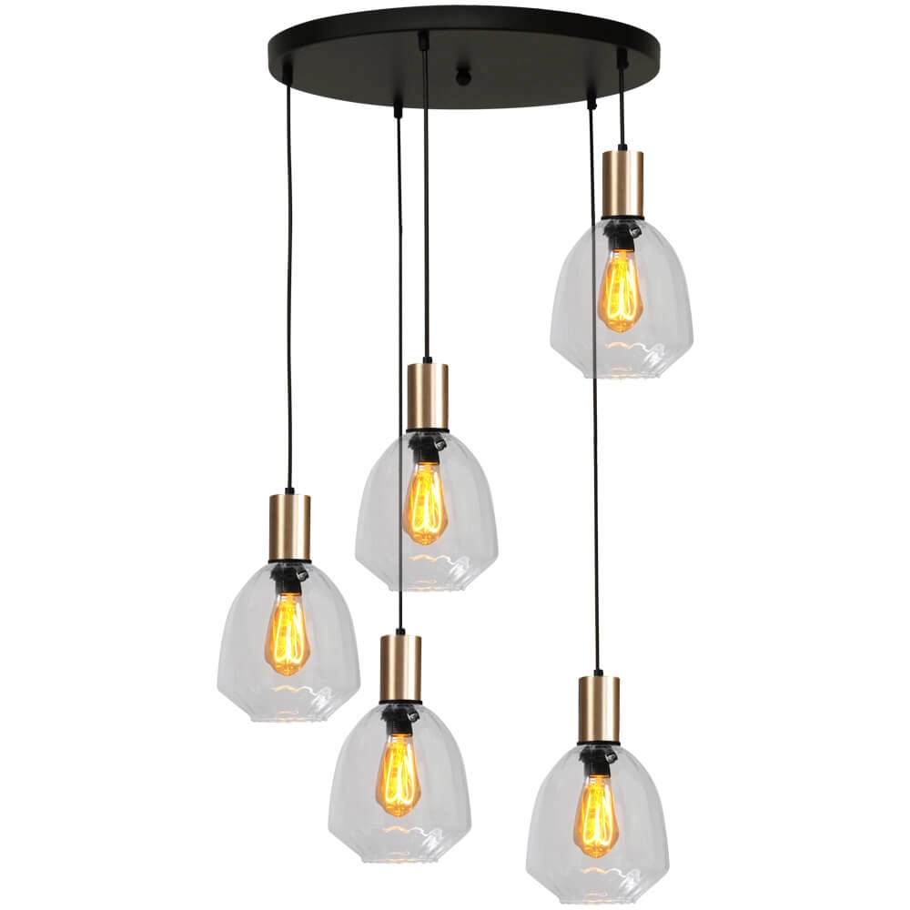 5-lichts vide hanglamp - goud - Porto met Nicolette clear glazen 5-lichts vide hanglamp - goud - Porto met Nicolette clear glazen