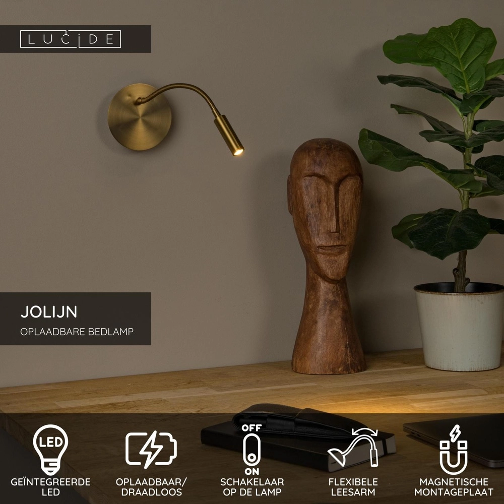 Oplaadbare wandlamp Jolijn bedlampje goud Lucide 5411212771377