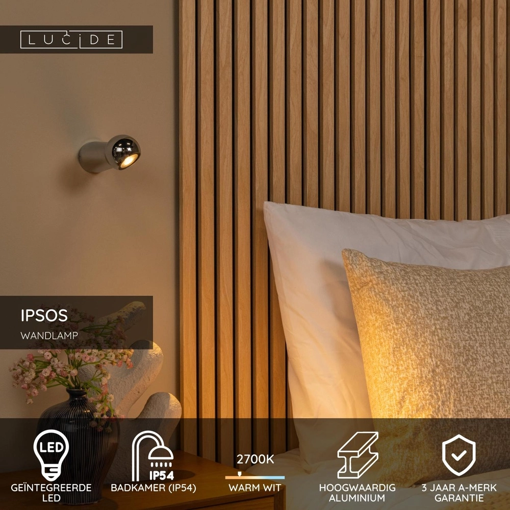 Badkamer wandlamp Ipsos chroom IP54 Lucide 5411212333995