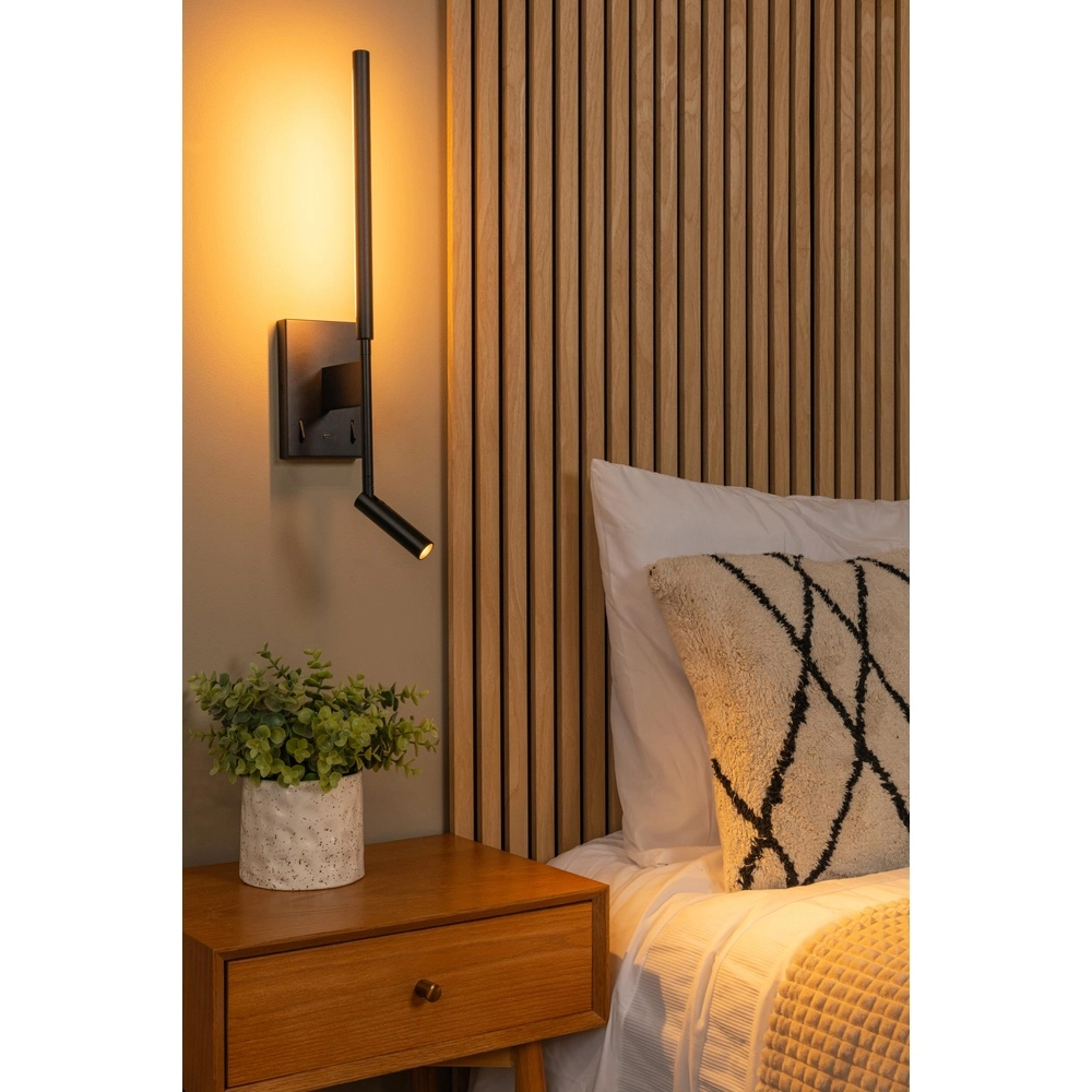 Design wandlamp Finan met leeslamp en USB oplaadpunt zwart Lucide 5411212680020