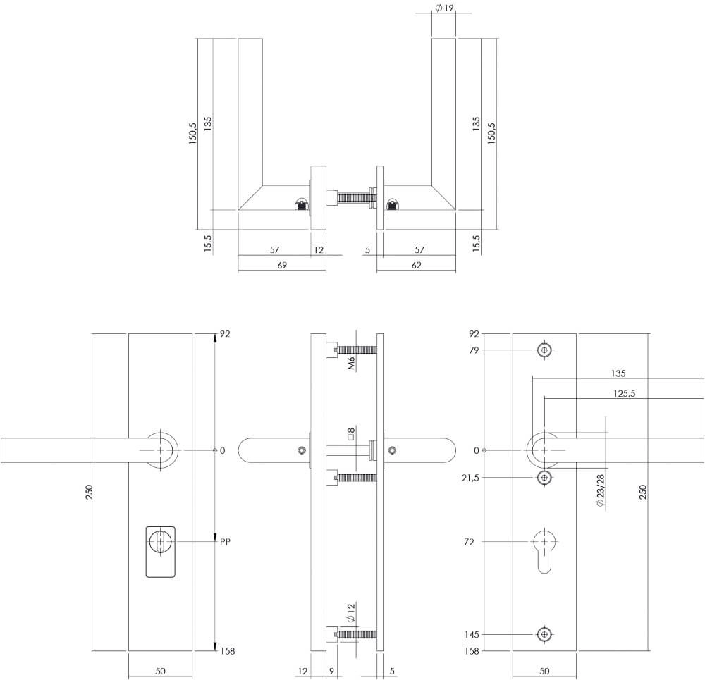 Achterdeurbeslag Aurano kerntrekbeveiliging PC 72mm recht zwart Intersteel 8,71419E+12