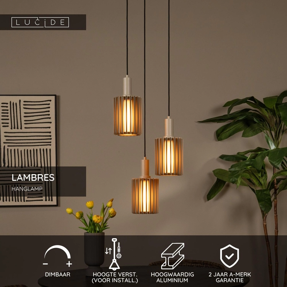 3-lichts hanglamp Lambres taupe Lucide 5411212452917