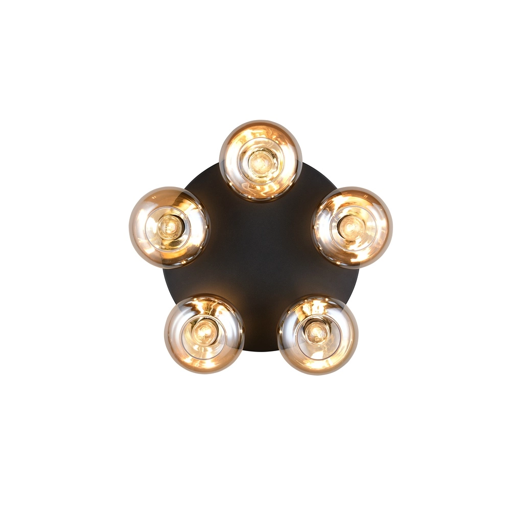 Plafondlamp Divina 5-lichts zwart met amber glas Trio 4017807667455