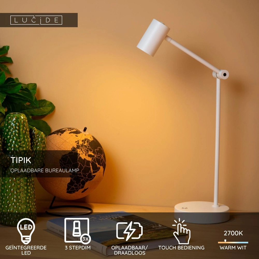 Oplaadbare bureaulamp Tipik wit Lucide 5411212361332