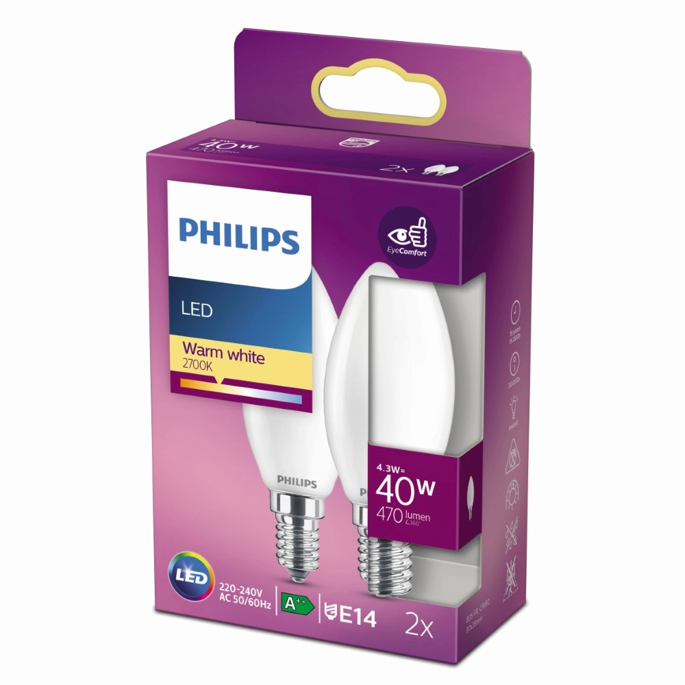 Lichtbron kaars 4,3W - E14 - 2700K - 470 lumen set van 2 wit