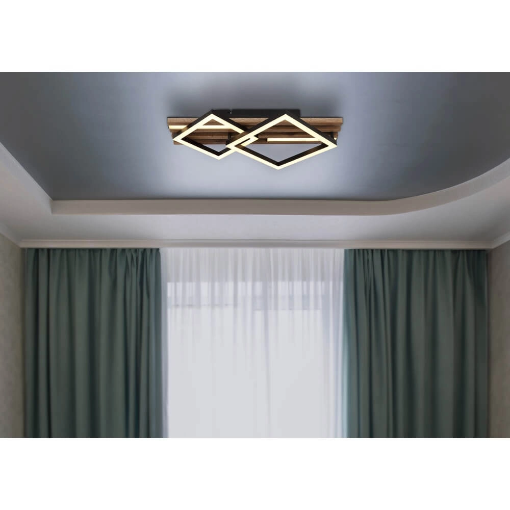 Plafondlamp Obrien zwart met hout 2-lichtst Globo 9007371512300