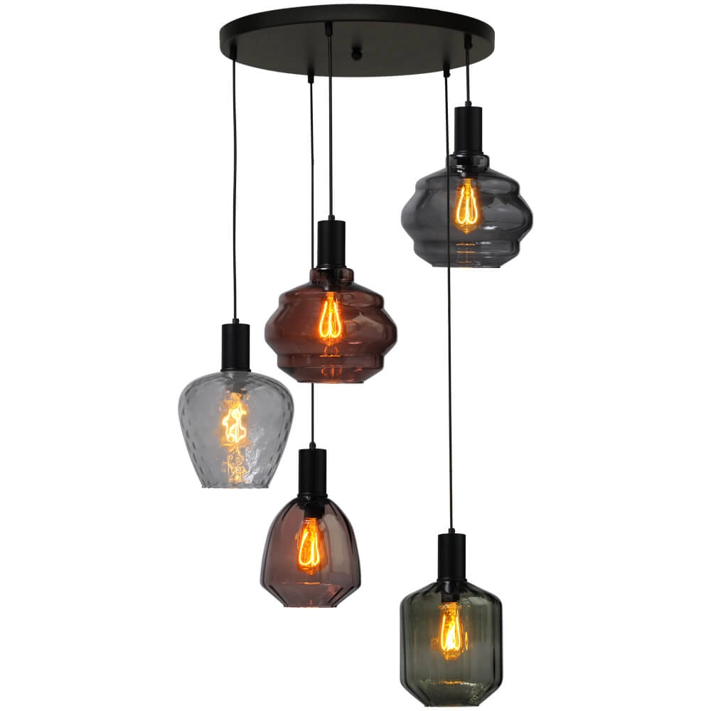 5-lichts vide hanglamp - zwart - Porto met verschillende glazen