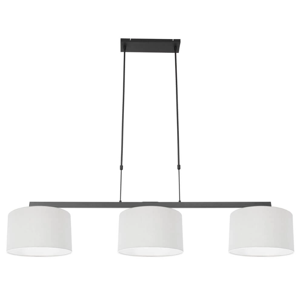 Zwarte hanglamp Stang met witte linnen kappen Zwarte hanglamp Stang met witte linnen kappen