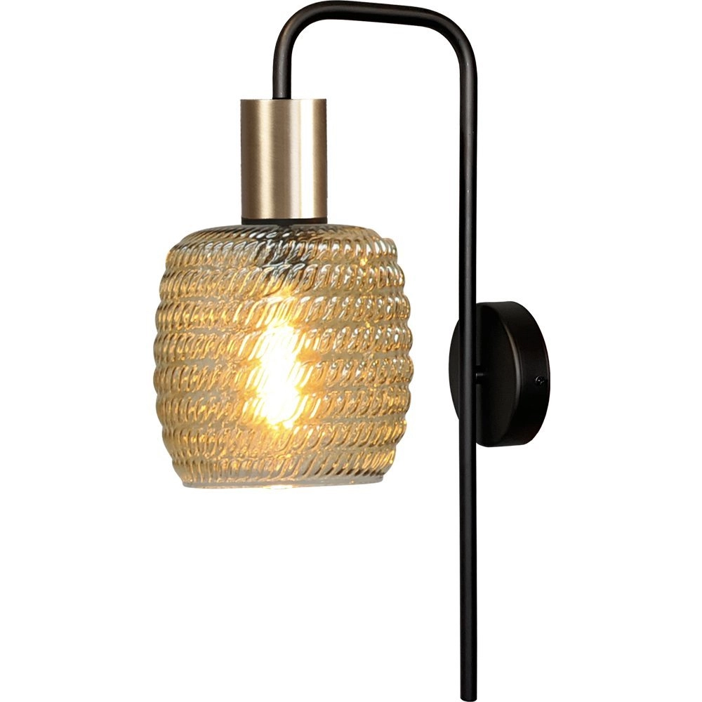 Zwarte wandlamp Bounty met goud en geribd glas