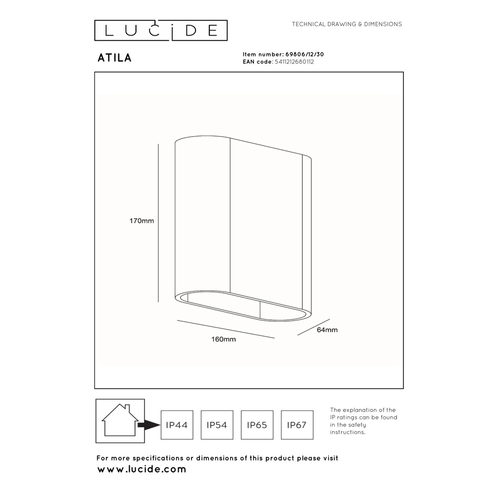 Design wandlamp Atila up en down zwart IP54 Lucide 5411212680112