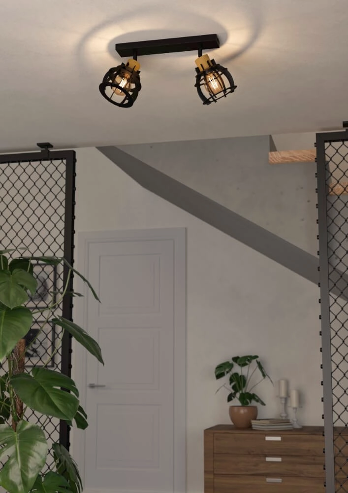 2-lichts plafondlamp Stillington 1 zwart met hout Eglo 9002759439279