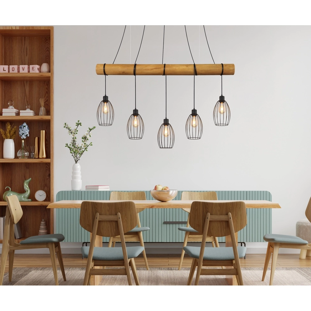 Landelijke hanglamp Berti 5-lichts hout met zwart Globo 9007371586325