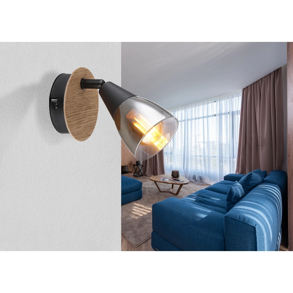Wandlamp Mubby zwart met houtlook Globo 9007371457854