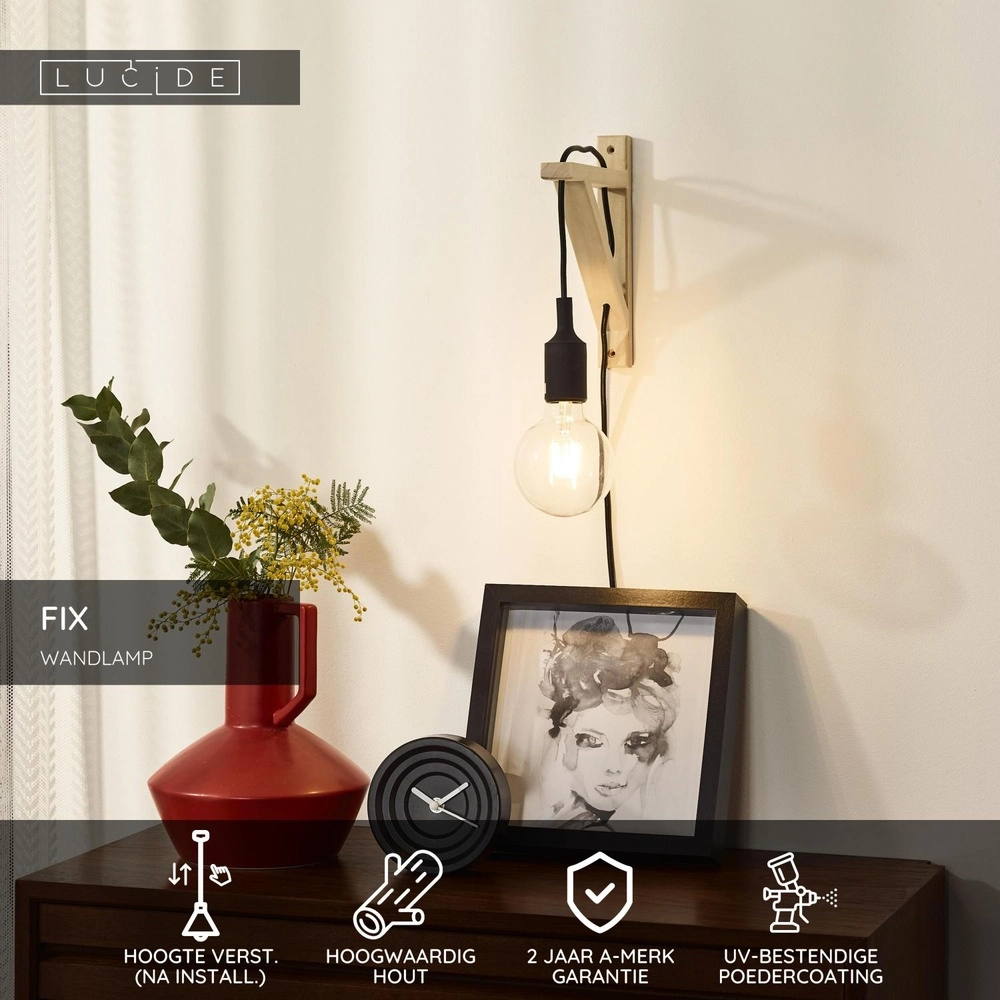 Houten wandlamp Fix met zwart snoer Lucide 5411212082824