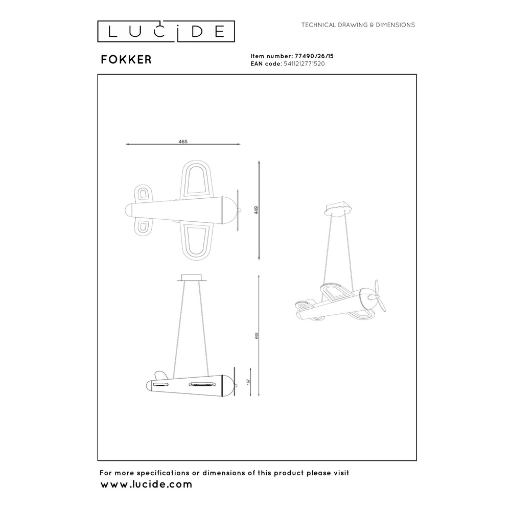 Kinderkamer hanglamp Fokker vliegtuig metaalgrijs Lucide 5411212771520