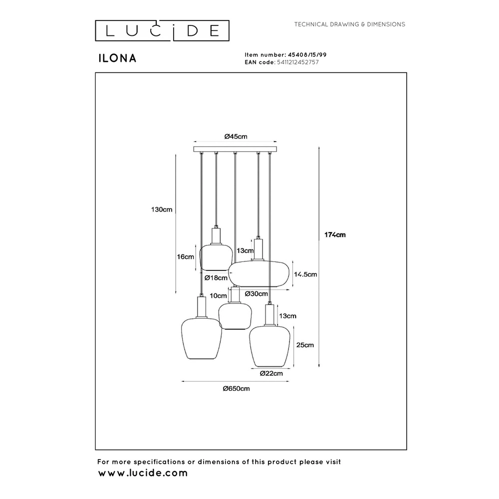 5-lichts hanglamp Ilona zwart met gekleurde glazen Lucide 5411212452757