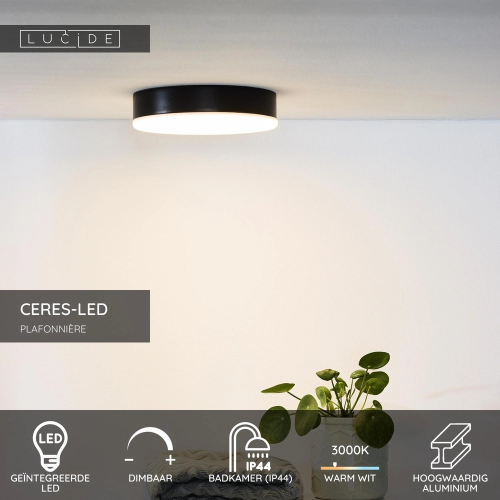 Plafonniere Ceres-Led IP44 zwart Ø 21,5cm Lucide 5411212281128