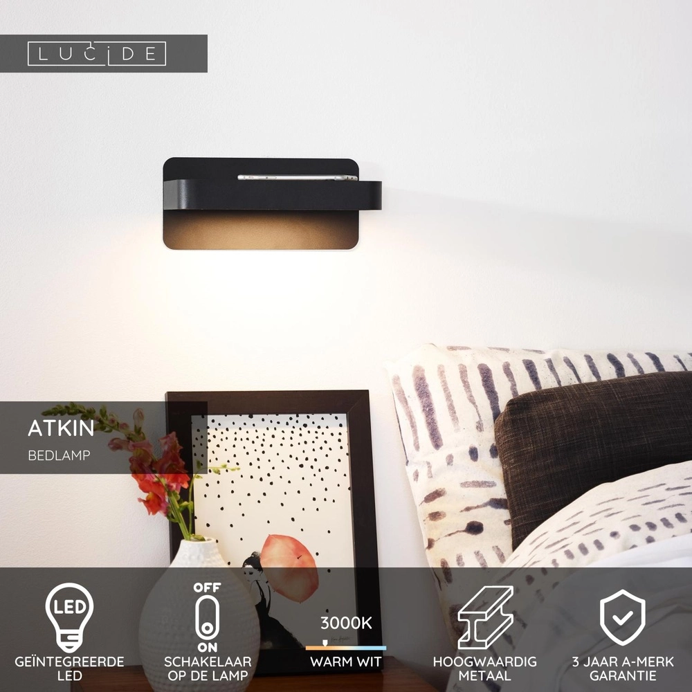 Bedlampje Atkin met USB oplaadpunt zwart Lucide 5411212770820