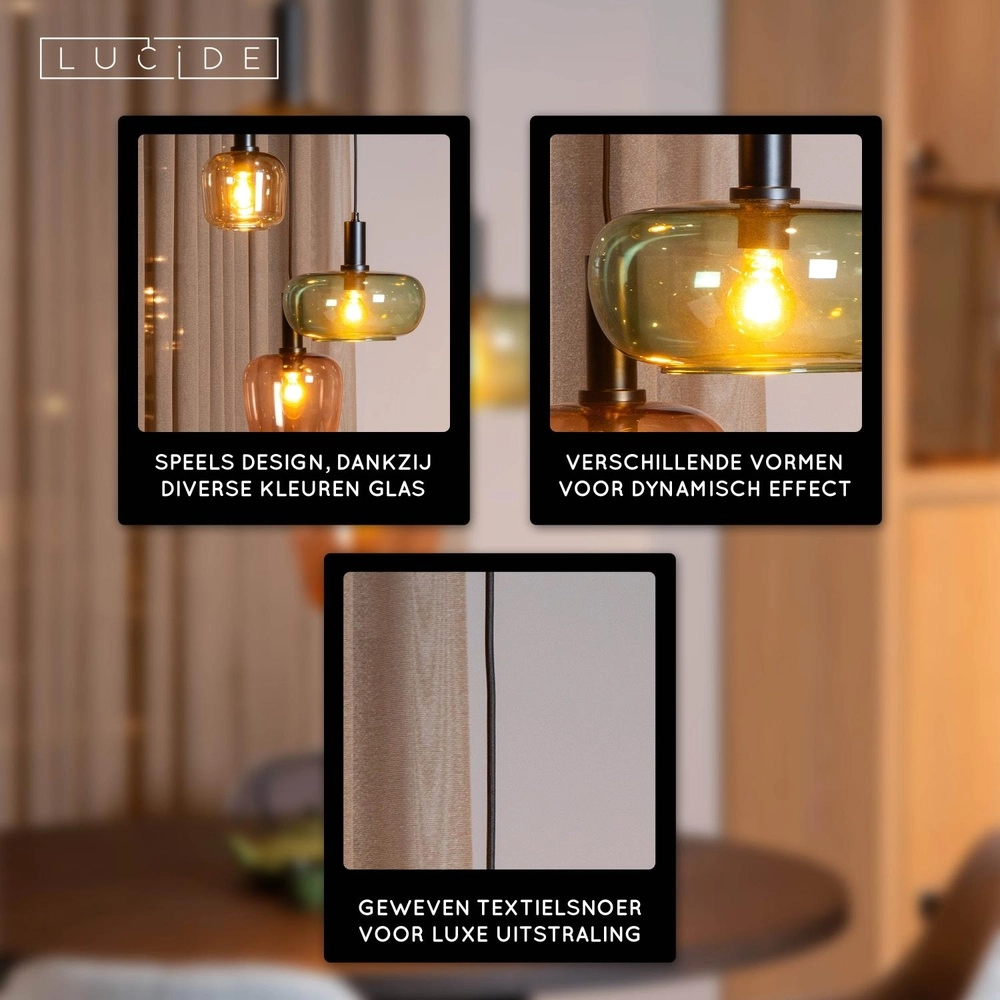 3-lichts hanglamp Ilona zwart met gekleurde glazen Lucide 5411212452740