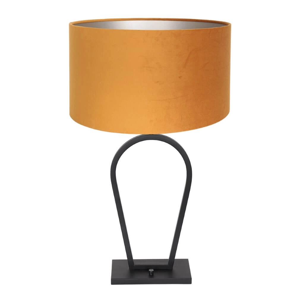 Zwarte schemerlamp Stang met gouden velours kap Zwarte schemerlamp Stang met gouden velours kap