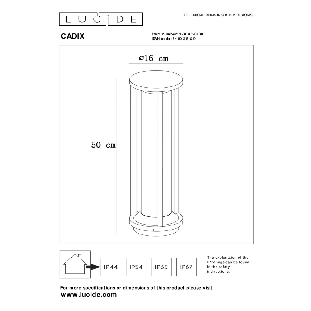 Sokkellamp 50cm Cadix zwart IP65 Lucide 5411212151919