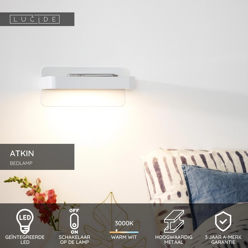 Bedlampje Atkin met USB oplaadpunt wit Lucide 5411212770837