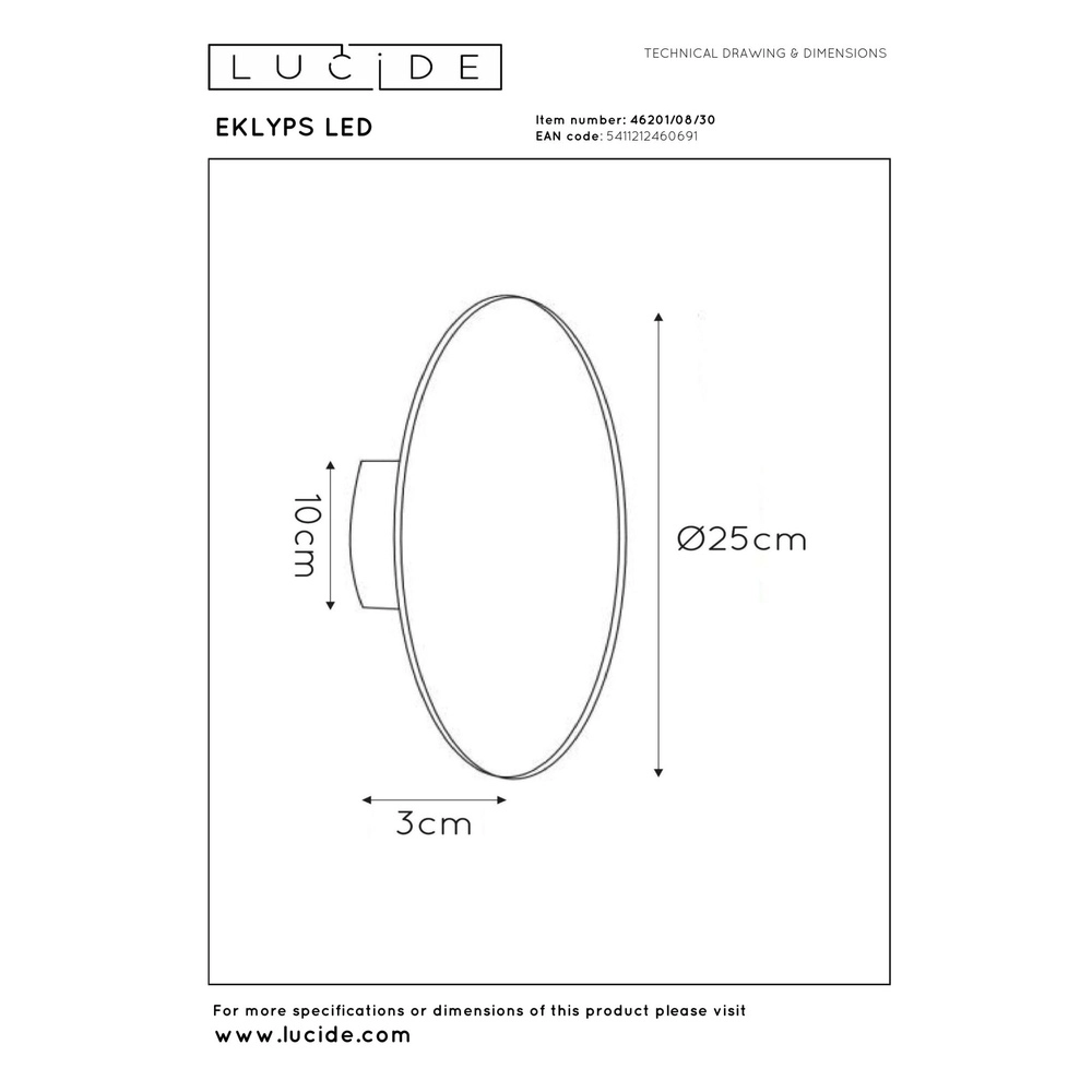 Design wandlamp Eklyps Led Ø 25cm zwart Lucide 5411212460691