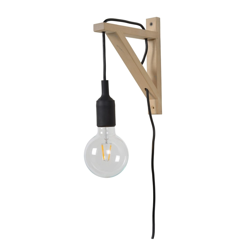 Houten wandlamp Fix met zwart snoer