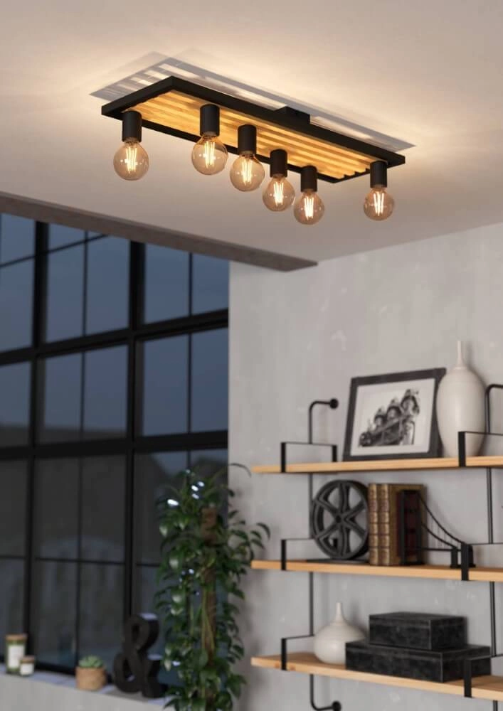 6-lichts plafondlamp Consett zwart met hout Eglo 9002759437244