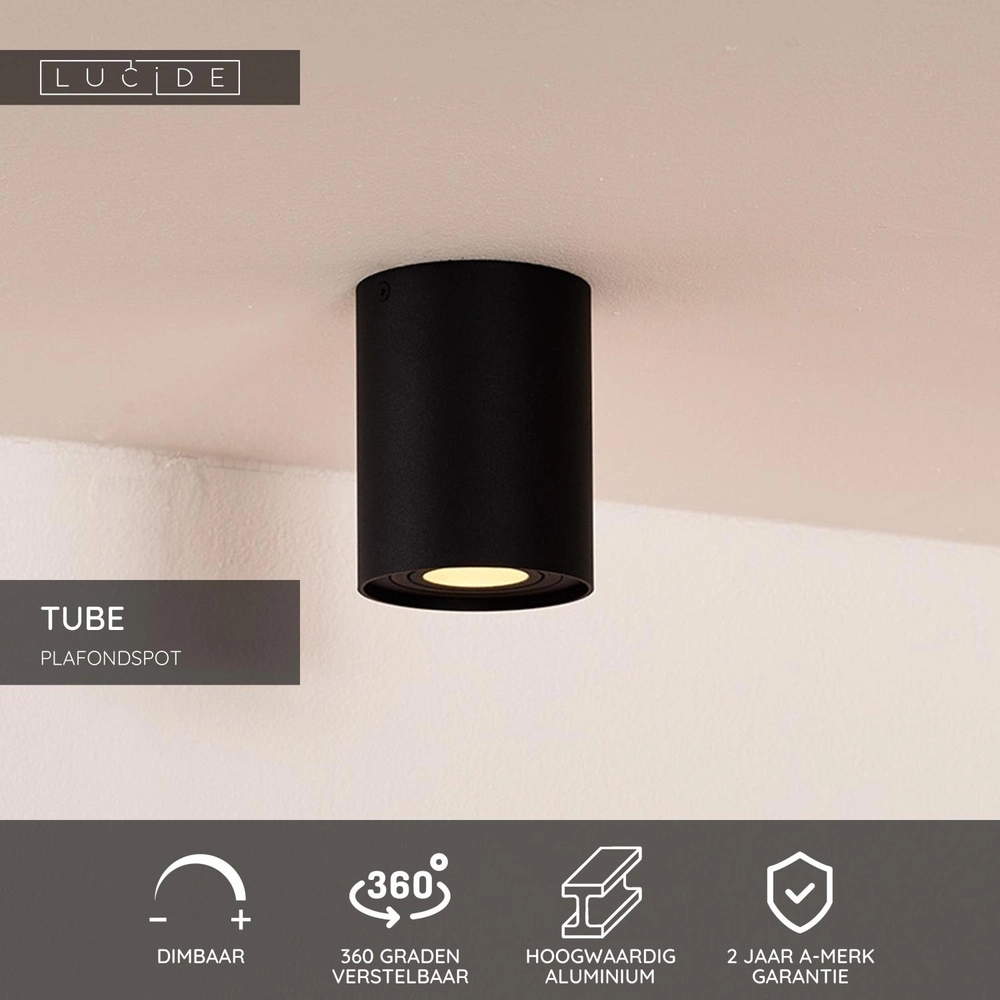 Opbouw plafondspot Tube zwart Ø 9,6cm Lucide 5411212221278