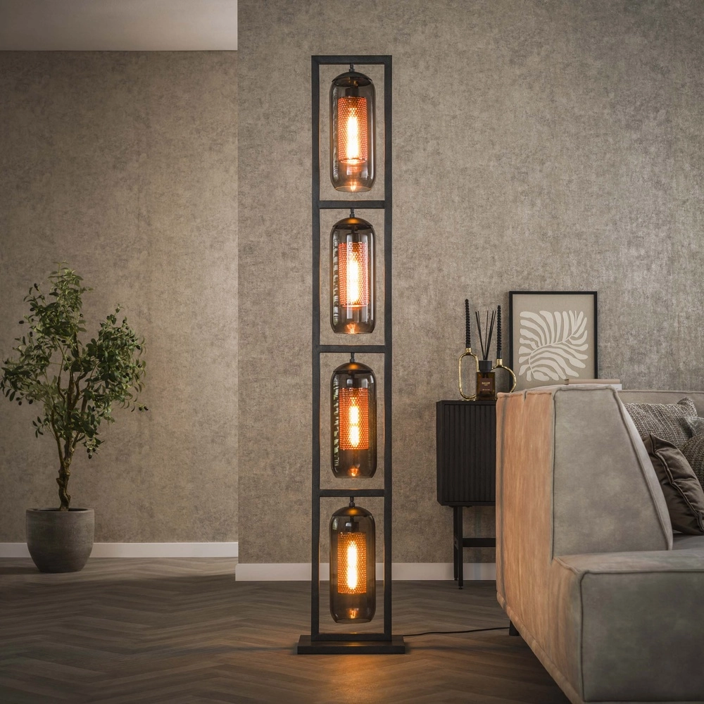 Glazen vloerlamp Smoke 4x E27 - 190cm - zwart met roodkoper