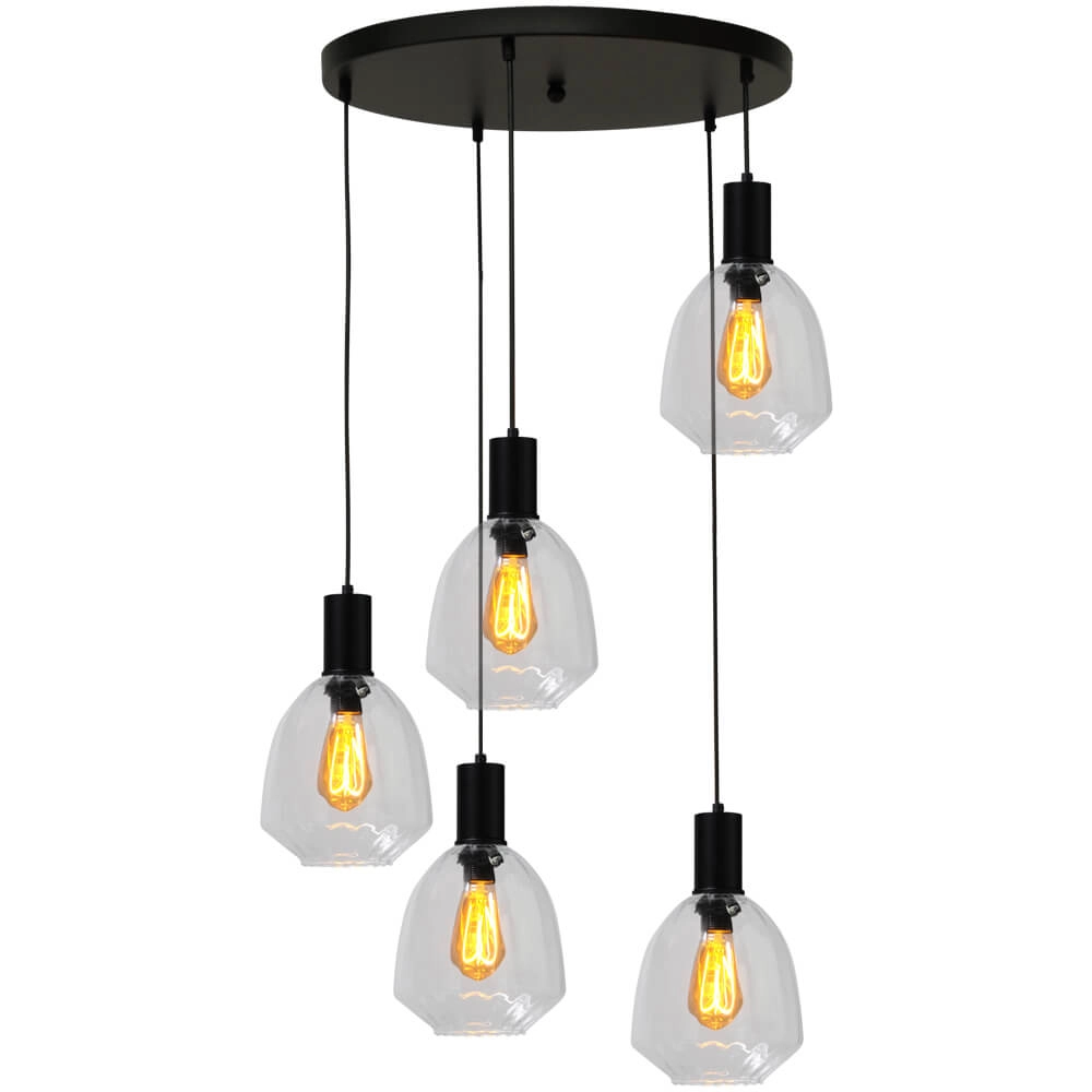 5-lichts vide hanglamp - zwart - Porto met Nicolette clear glazen 5-lichts vide hanglamp - zwart - Porto met Nicolette clear glazen