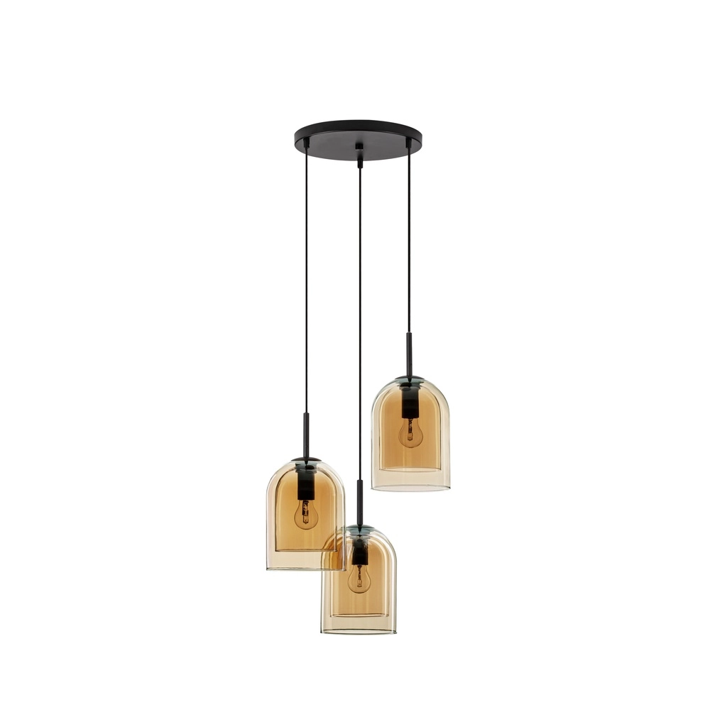 Hanglamp Velor 3-lichts zwart met amber glas rond Lyora 5212017431219