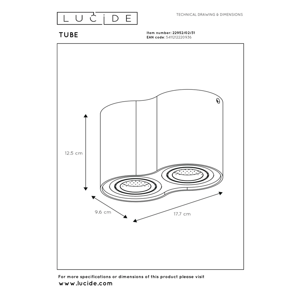 Opbouw plafondspot Tube 2-lichts wit Lucide 5411212220936