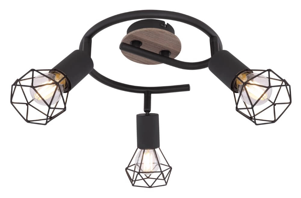 Plafondlamp Xara I zwart met hout 3-lichts Ø 23cm