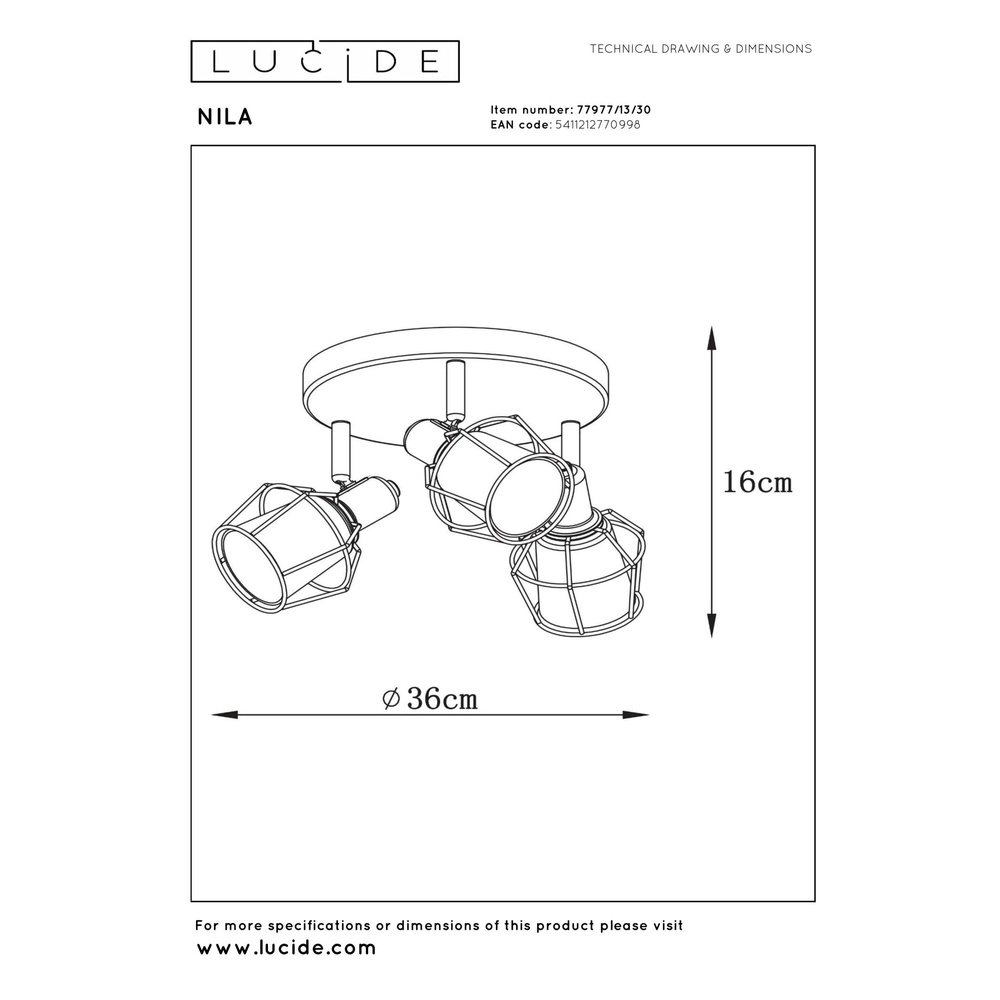Plafondlamp Nila 3-lichts zwart Lucide 5411212770998