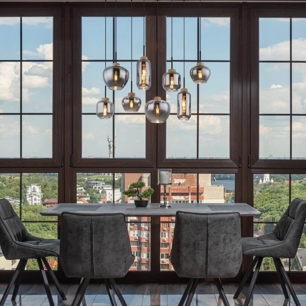 8-lichts hanglamp Matt zwart met hout Globo 9007371444519