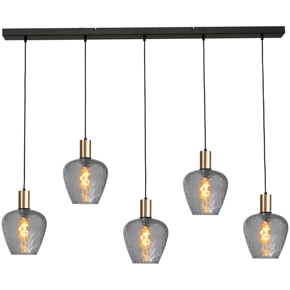 5-lichts hanglamp - goud - Porto met Diamond smoke glazen 5-lichts hanglamp - goud - Porto met Diamond smoke glazen