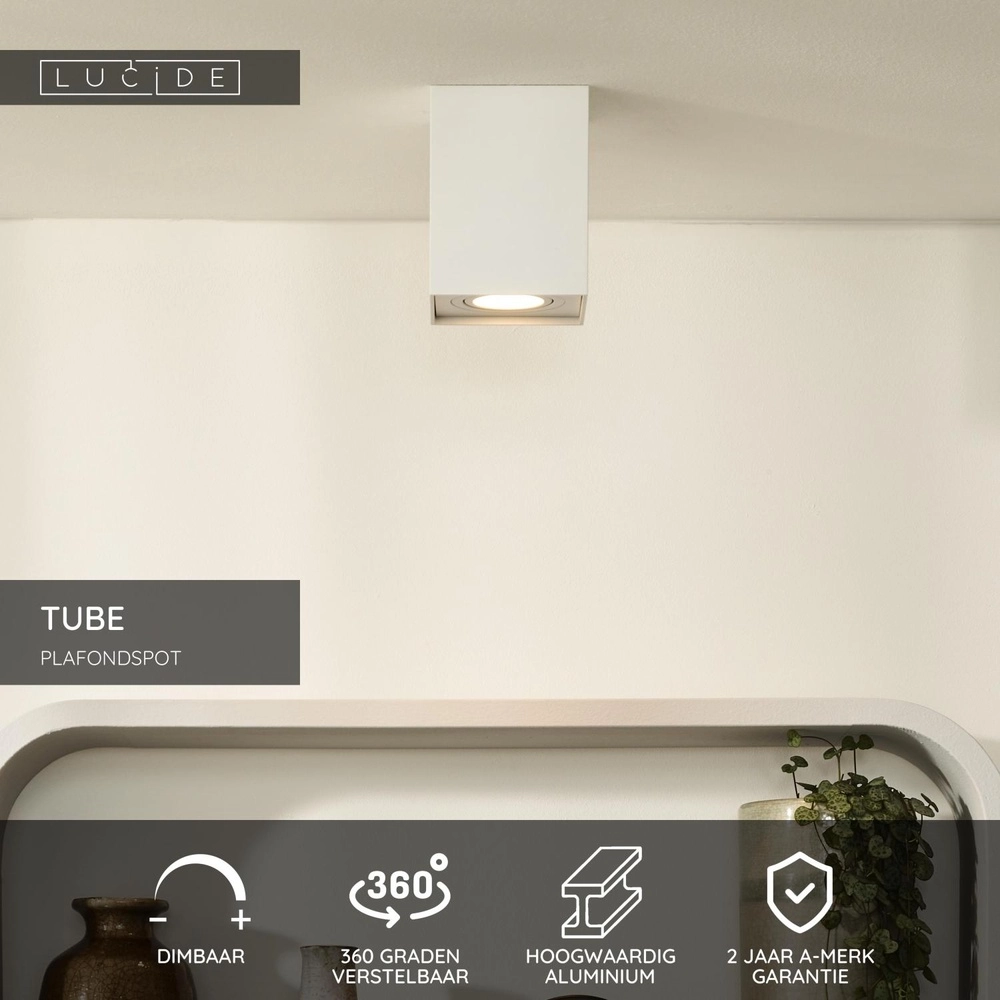 Opbouw plafondspot Tube vierkant wit Lucide 5411212220813