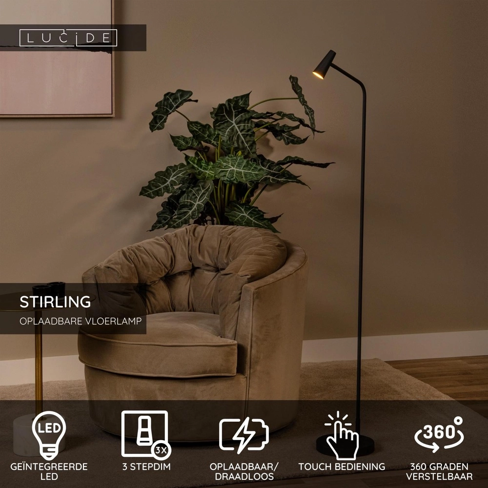 Oplaadbare vloerlamp Stirling zwart Lucide 5411212361264