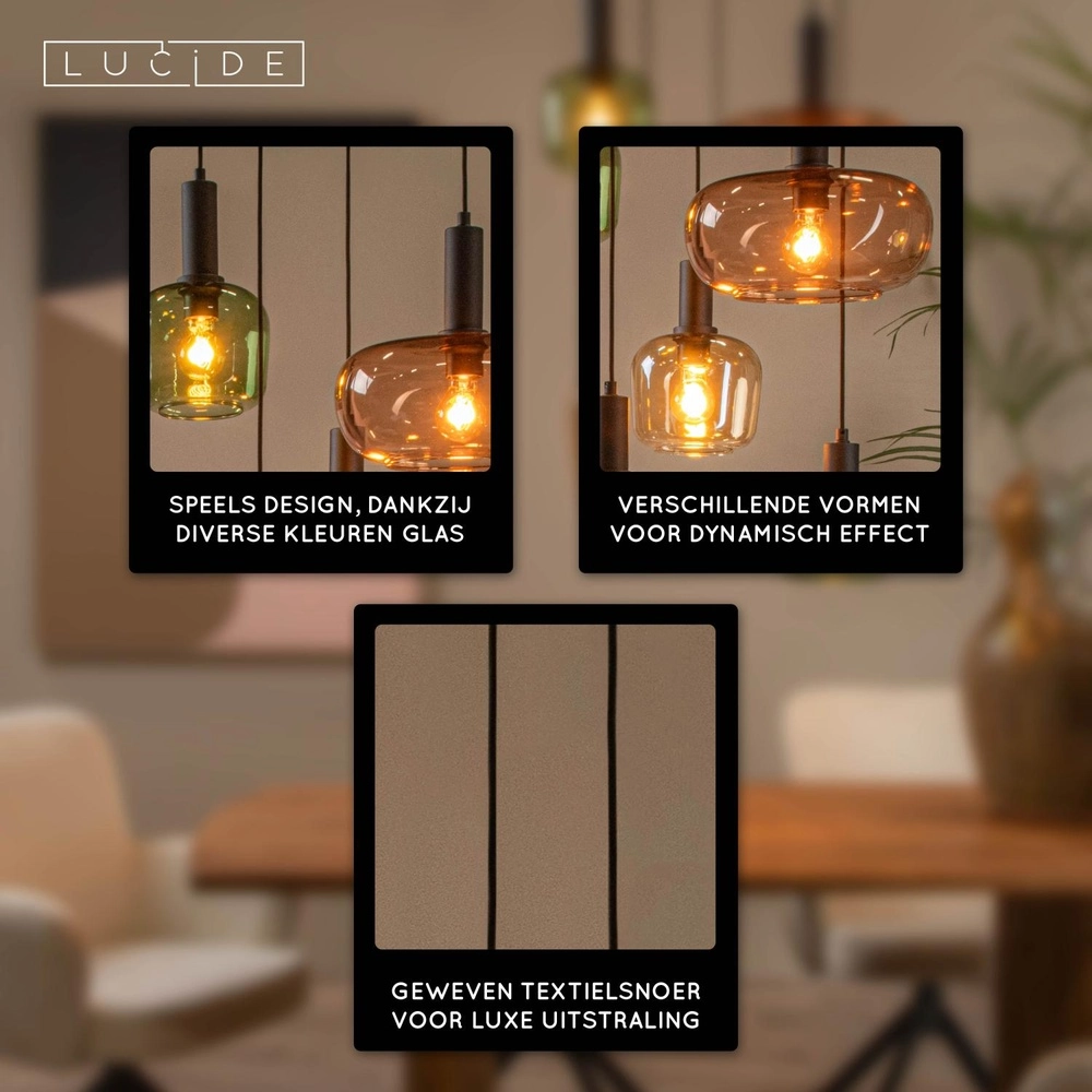 5-lichts hanglamp Ilona zwart met gekleurde glazen Lucide 5411212452757