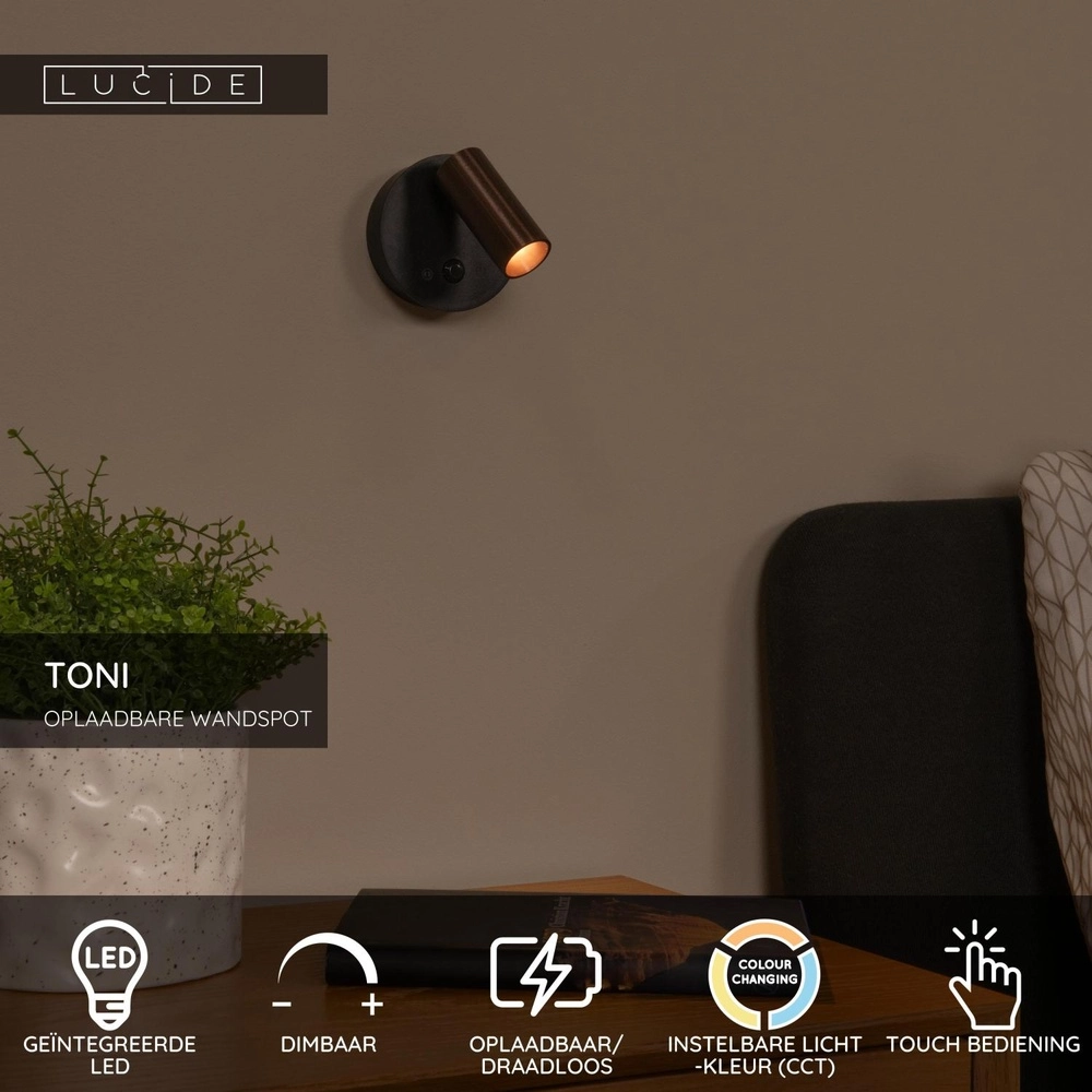 Oplaadbare wandlamp met sensor Toni magnetisch metaalgrijs Lucide 5411212290564