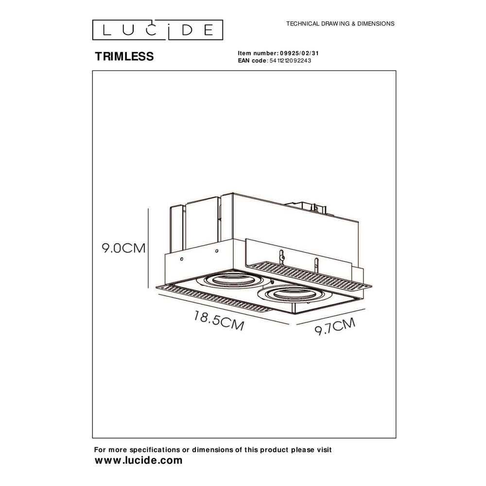 Strakke inbouwspot Trimless dubbel wit Lucide 5411212092243